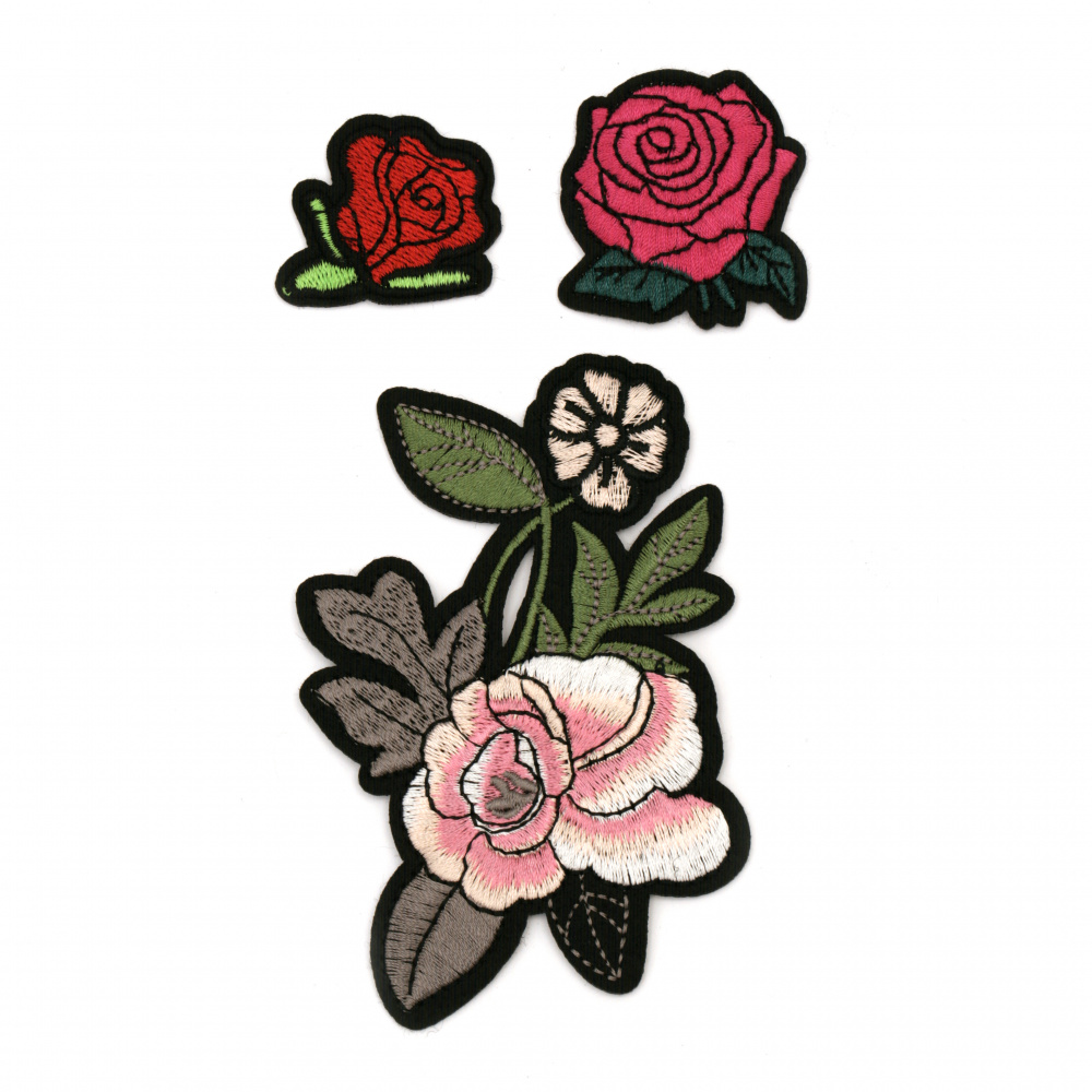 Embroidered Iron-On Sew-On Applique, Flower Patches for Cloths, Pants, Jackets, Hats, Jeans, DIY Accessories,  35~80x55~115 mm ASSORTED Flowers -3 pieces