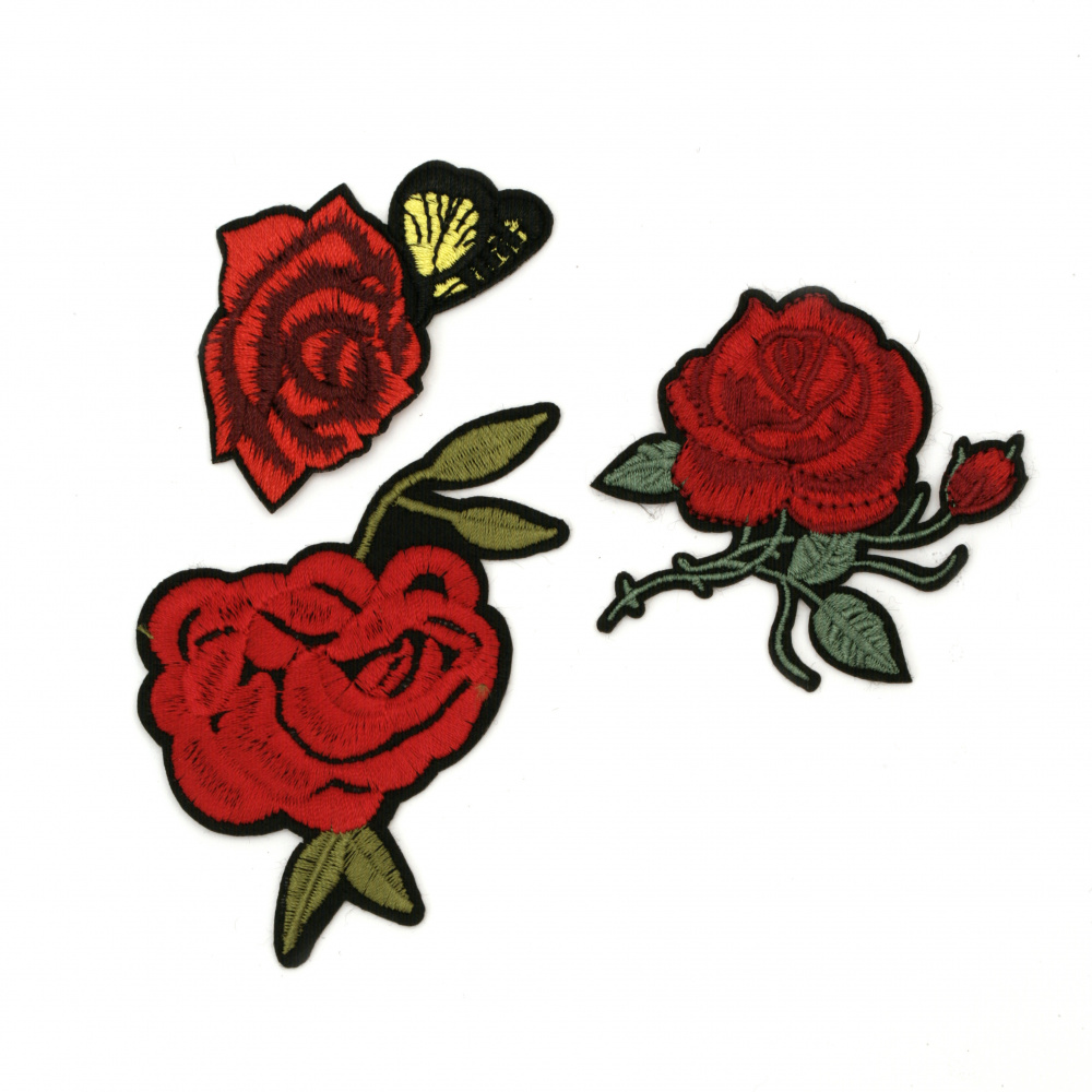 Embroidered Iron-On Sew-On Applique, Rose Flower Patches for Cloths, Pants, Bags, Jackets, Dresses, Hats, Jeans, DIY Accessories,    50~65x55~85 mm ASSORTED roses - 3 pieces
