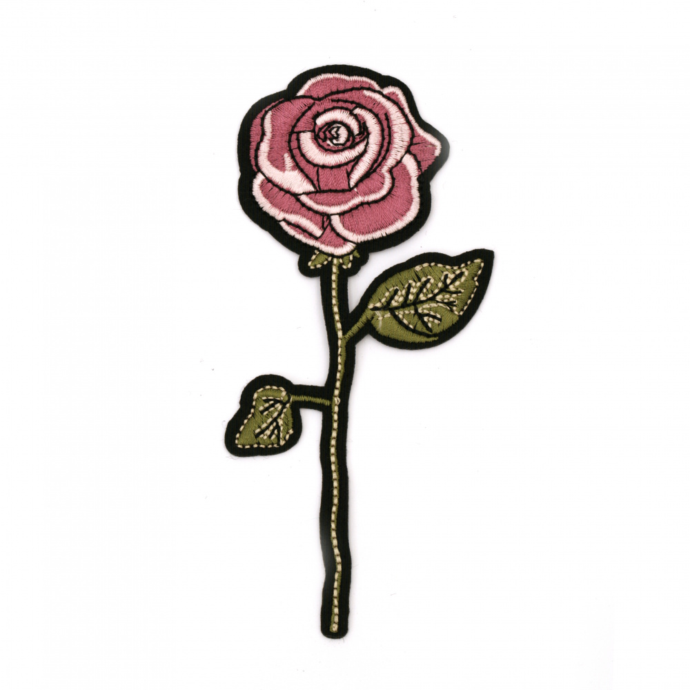 Embroidered Iron on Sew on Applique, Rose Flower Patch for decorating jackets, bags, jeans etc., 8~70x135 mm, shape: rose