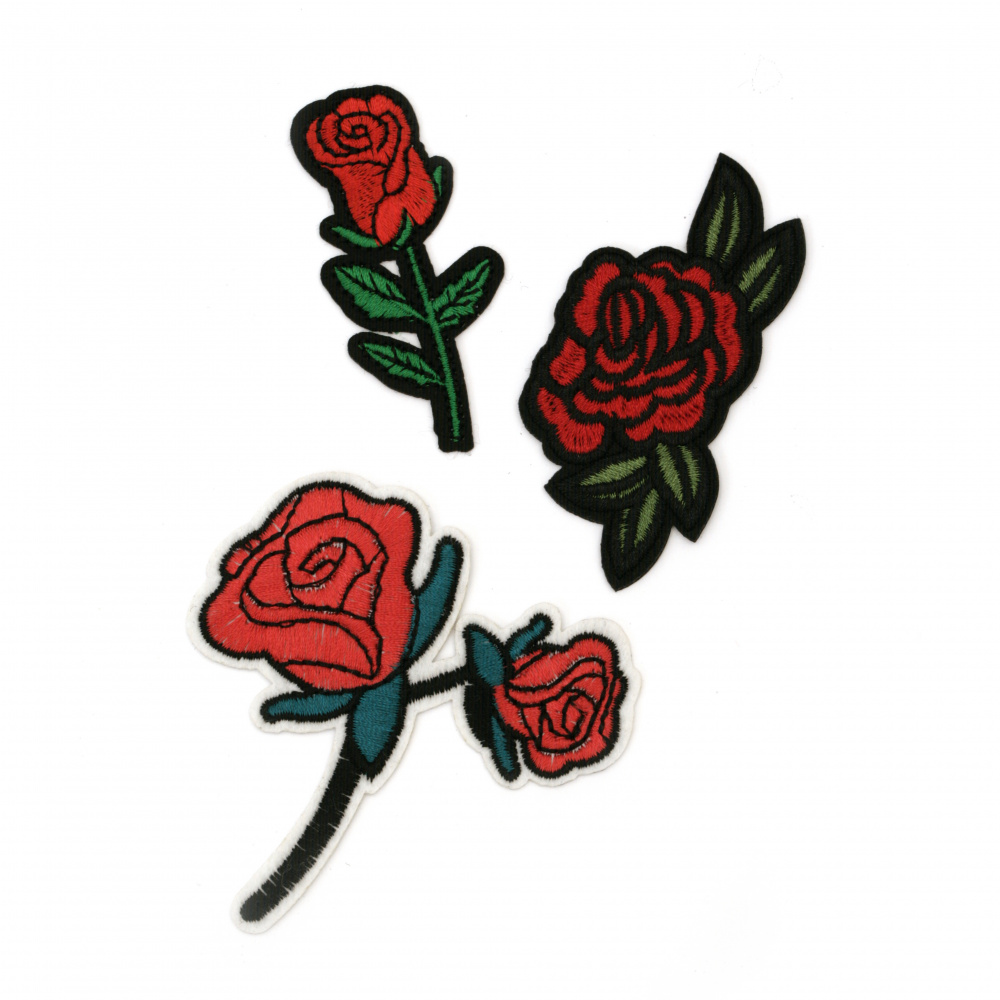 Embroidered Iron on Sew on Applique, Rose Flower Patches for decorating jackets, bags, jeans etc., 25~75x40~80 mm ASSORTED Roses - 3 pieces
