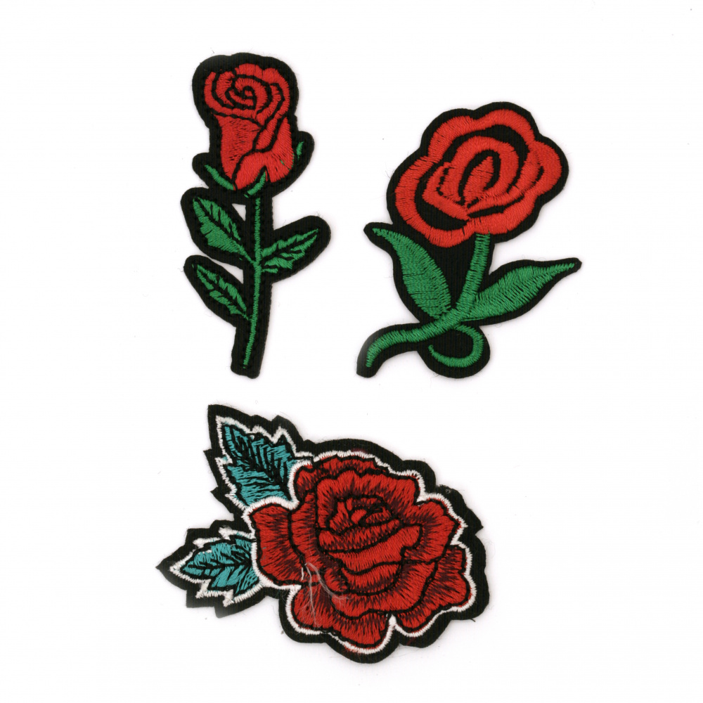 Embroidered Iron on Sew on Applique, Rose Flower Patches for decorating jackets, bags, jeans etc., 20~65x40~65 mm ASSORTED roses - 3 pieces