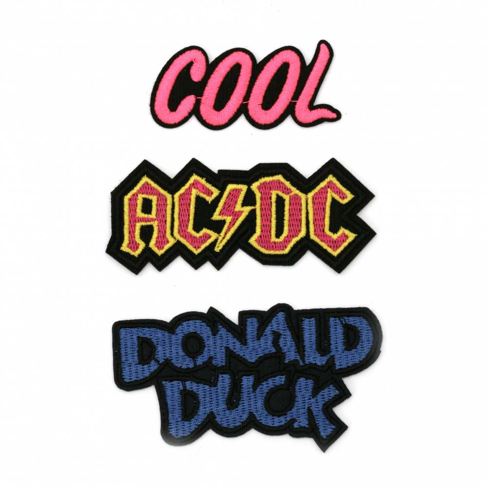 Embroidered Iron On Patches for Cloths, Pants, Hats, Jeans and more! 65~85x30~45 mm ASSORTED inscriptions - 3 pieces: AC/DC, Donald Duck, Cool