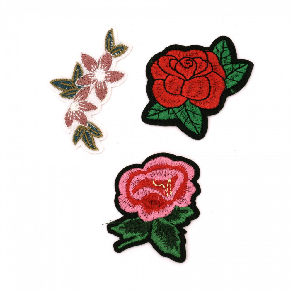 Embroidered Iron On Patches for Cloths, Pants, Hats, Jeans and more! 45~65x35~55 mm ASSORTED Flowers - 3 pieces