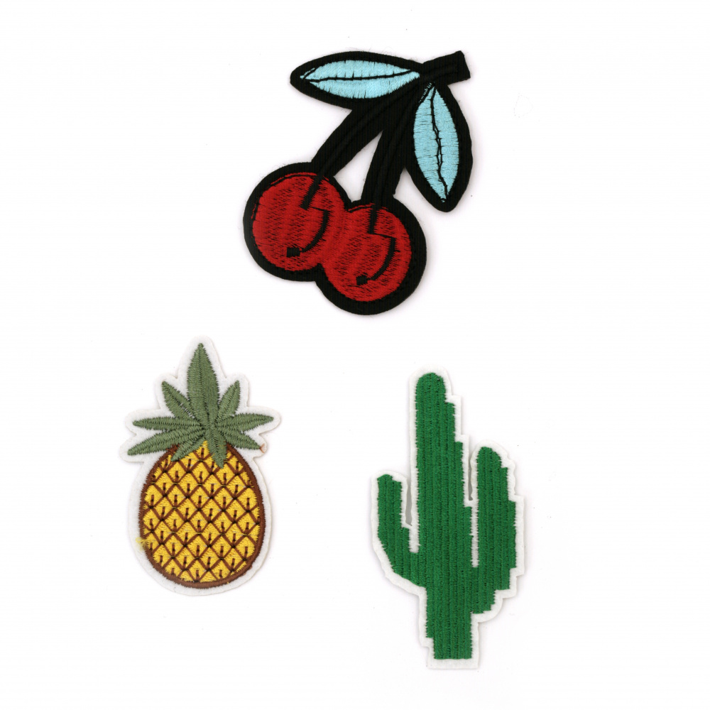 Embroidered Iron On Patches for Cloths, Pants, Hats, Jeans and more! 35~50x60~70 mm ASSORTED figures - 3 pieces: Cactus, Sherries and Pineapple
