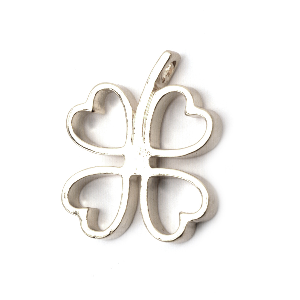 Zinc Alloy Four-Leaf Clover Shaped Frame Pendant Base for Jewelry Making, 25x30x4 mm, Silver Color