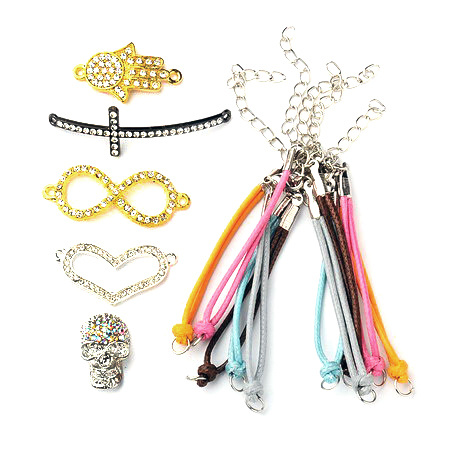 Bracelet making set - Korea cord with tips and clasp -5 pieces, metal connecting elements with crystals -5 pieces