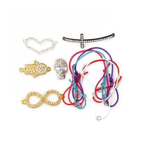 Set for making bracelets - elastic cord - 5 pieces of metal rings - 5 pieces, metal connecting elements with crystals - 5 pieces