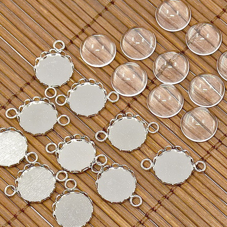 Set of connecting element metal 20x13x3 mm hole 2 mm color old silver and cabochon transparent 12 mm