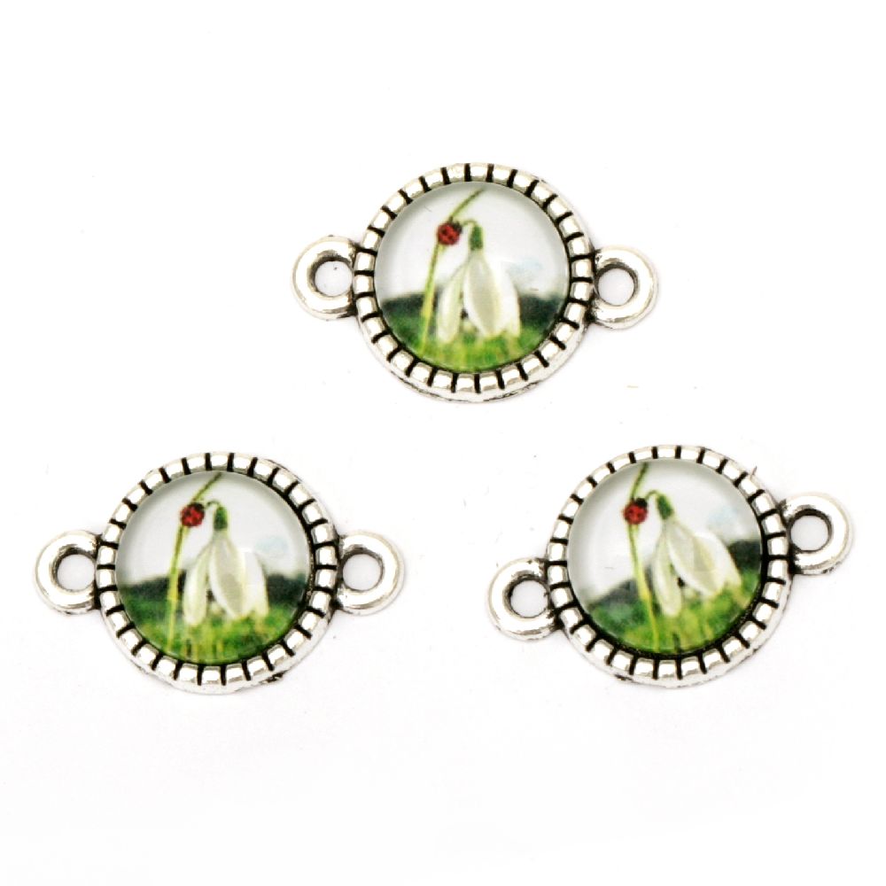 Connecting round metal  element, type cabochon color silver and glass 19x13 mm hole 1.5 mm with a picture of snowdrop - 10 pieces