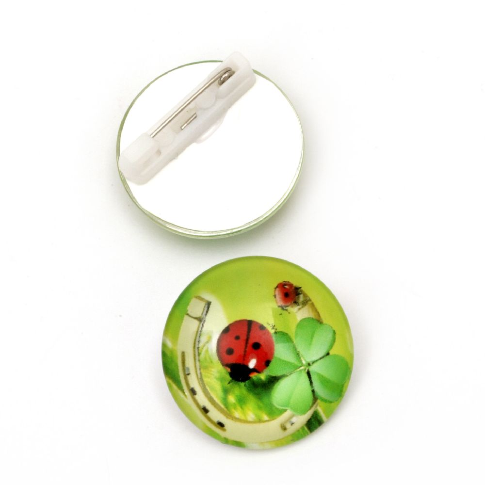 Round Metal and Glass Brooch with Print, Horseshoe, Clover and Ladybug /     25x25x10 mm - 10 pieces