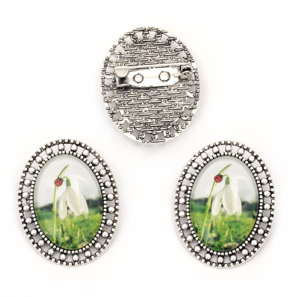 Oval Metal and Glass Brooch with Print, Snowdrop with Ladybug /  33x27x10 mm / Old Silver- 5 pieces