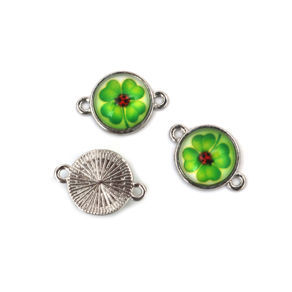 Lóhere mintás üveg kaboson csatlakozó charm, ezüst színű fém, 20×14×5 mm, furat 1,5 mm – 5 db