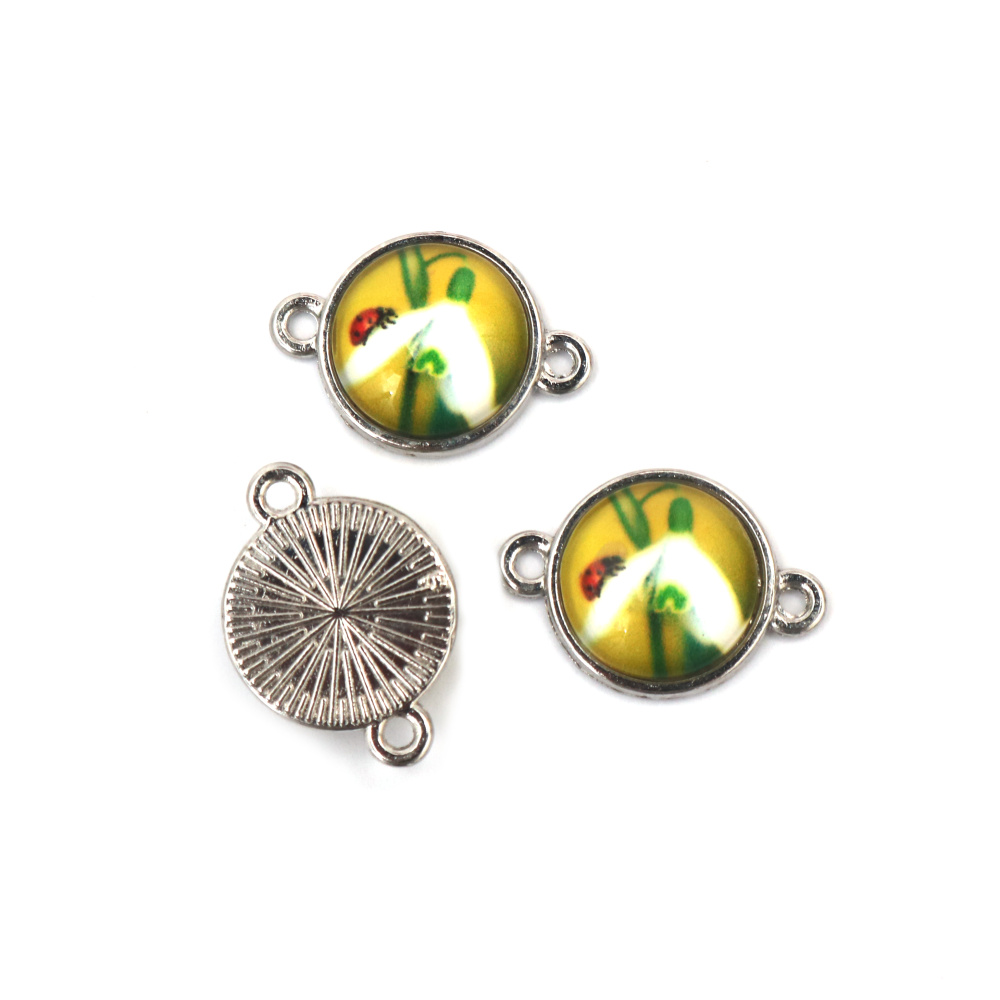 Konektor – prívesok s kabošonom, kov v striebornej farbe a sklo, motív snežienky, 20×14×5 mm, otvor 1,5 mm – 5 ks