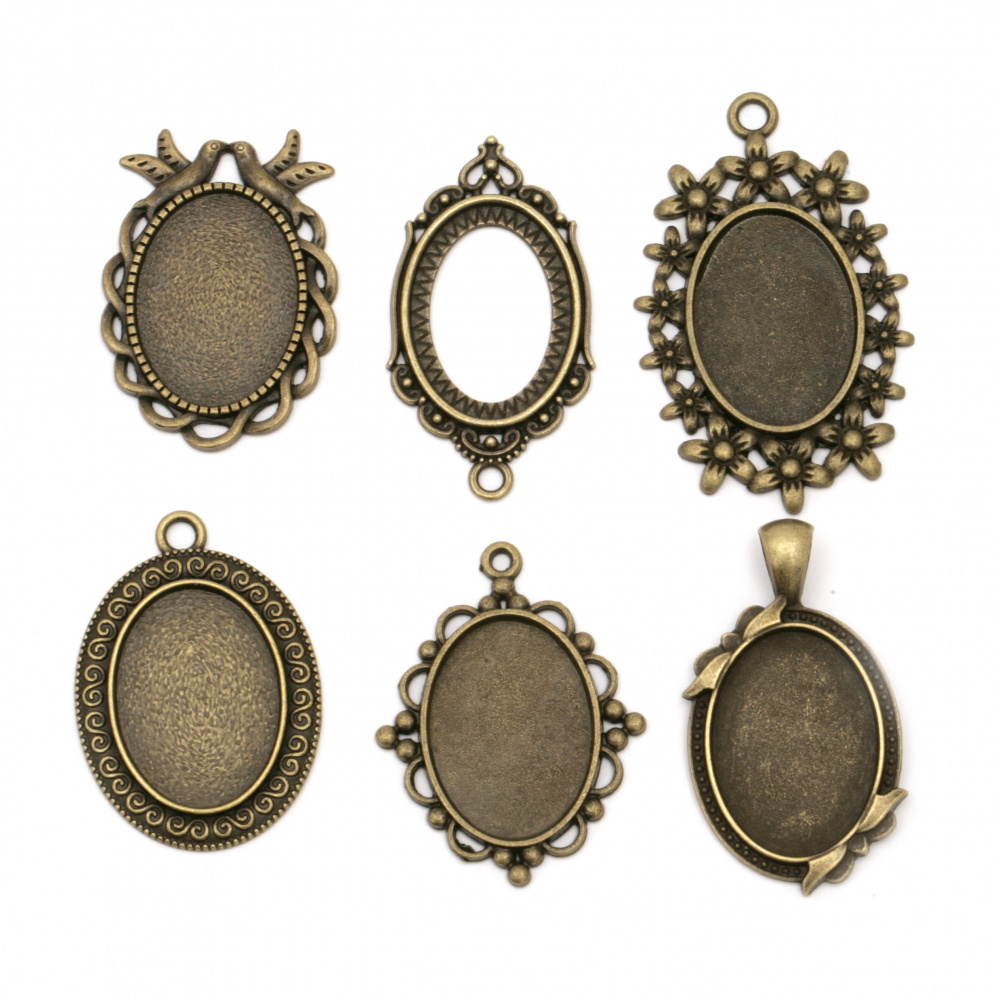 Set of metal pendant ~ 38x27x2 mm hole 3 ~ 4x5 mm color antique bronze ASSORTE shapes and cabochon transparent 25x18 mm -6 sets