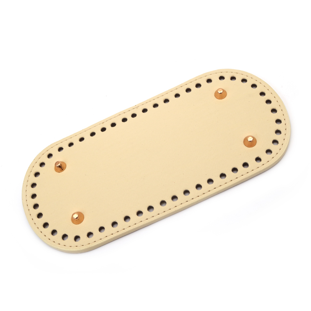 Leather Bottom Base for Crochet Bag, from Eco Leather 22x10.4x0.4 cm, Holes: 0.5 cm, with Four Metal Legs, Color Ecru