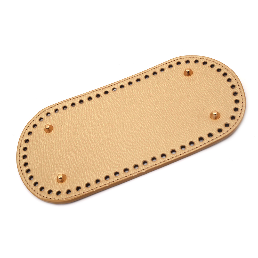 Leather Bottom Base for Crochet Bag, from Eco Leather 25x12x0.4 cm, Holes: 0.5 cm, with Four Metal Legs, Color Pearl Gold