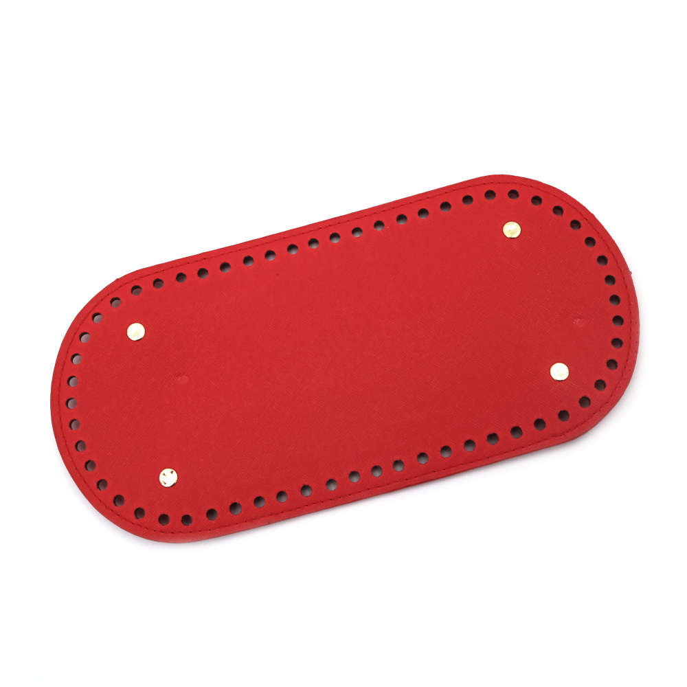 Leather Bottom Base for Crochet Bag, from Eco Leather 25x12x0.4 cm, Holes: 0.5 cm, with Four Metal Legs, Color Red