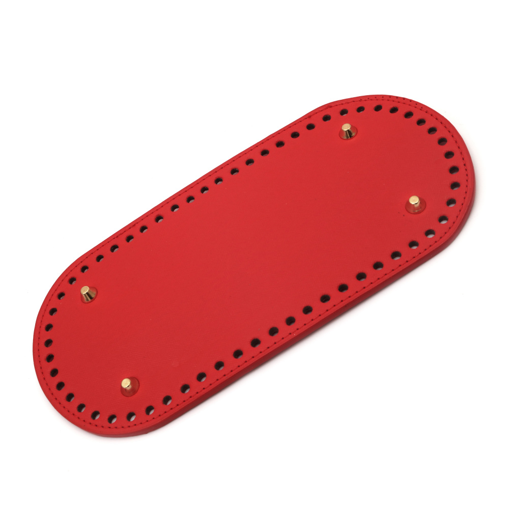 Leather Bottom Base for Crochet Bag, from Eco Leather 25x12x0.4 cm, Holes: 0.5 cm, with Four Metal Legs, Color Red
