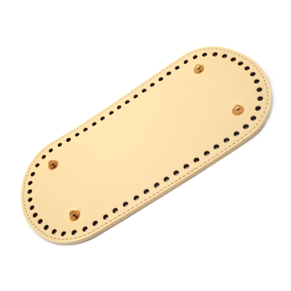 Leather Bottom Base for Crochet Bag, from Eco Leather 25x12x0.4 cm, Holes: 0.5 cm, with Four Metal Legs, Color Ecru