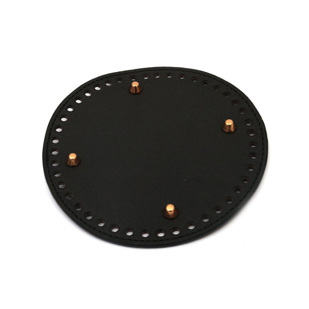 Round Bottom Base for Crochet Knitting Bag or Purse, from Eco Leather, 15x0.4 cm, Holes: 0.5 cm, with Four Metal Legs, color Black