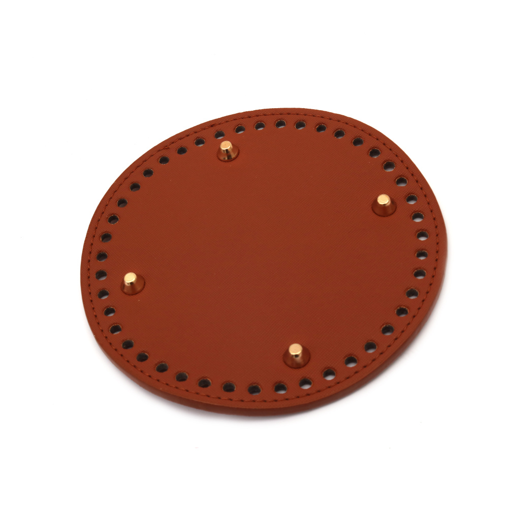 Round Bottom Base for Crochet Knitting Bag or Purse, from Eco Leather, 15x0.4 cm, Holes: 0.5 cm, with Four Metal Legs, color Brown