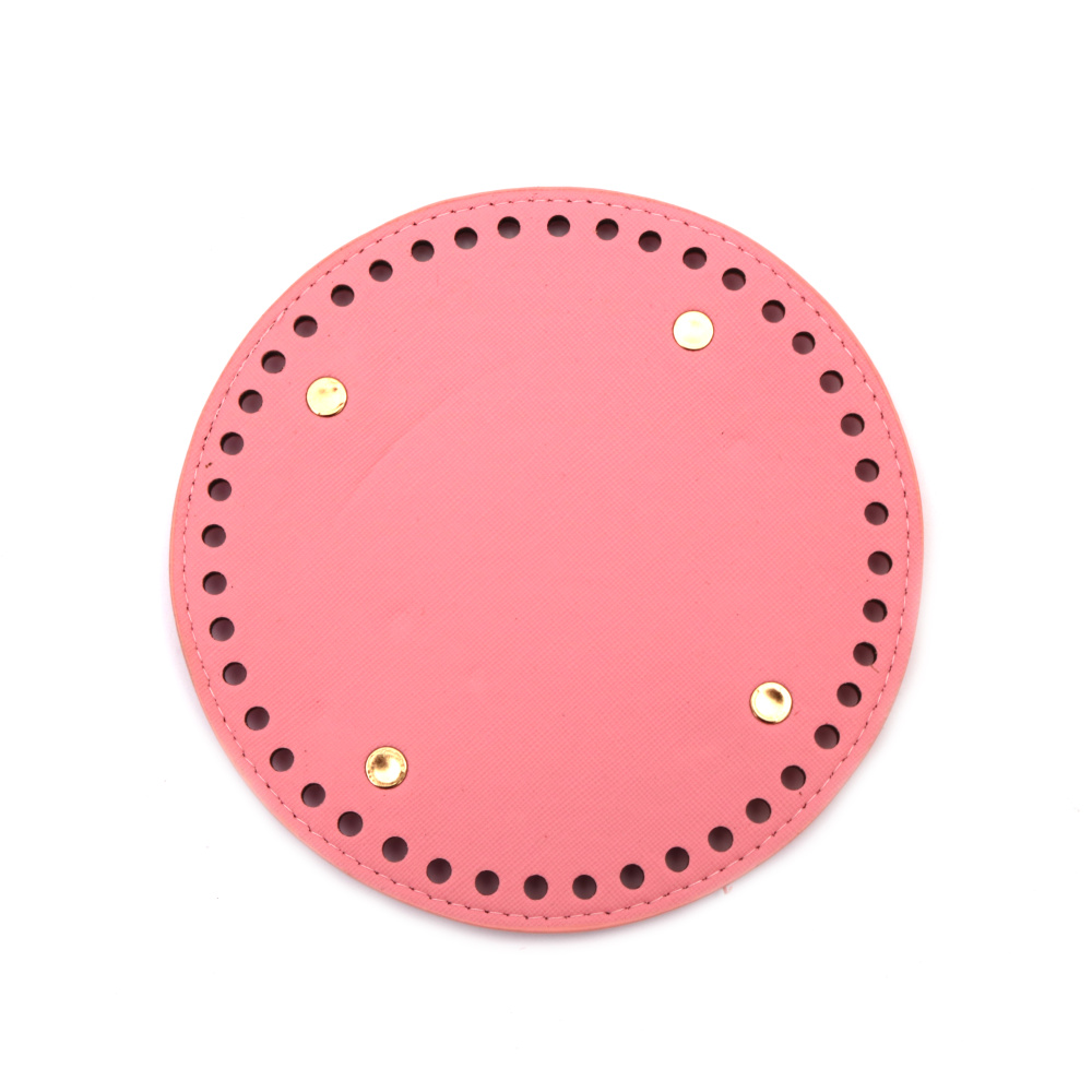 Round Bottom Base for Crochet Knitting Bag or Purse, from Eco Leather, 15x0.4 cm, Holes: 0.5 cm, with Four Metal Legs, color Pink