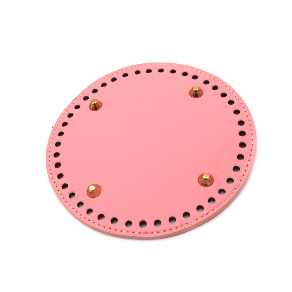 Round Bottom Base for Crochet Knitting Bag or Purse, from Eco Leather, 15x0.4 cm, Holes: 0.5 cm, with Four Metal Legs, color Pink