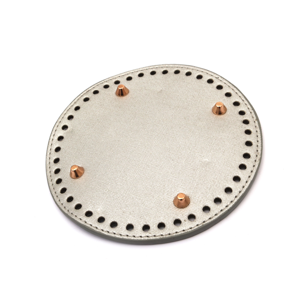 Round Bottom Base for Crochet Knitting Bag or Purse, from Eco Leather, 15x0.4 cm, Holes: 0.5 cm, with Four Metal Legs, color Pearl Silver