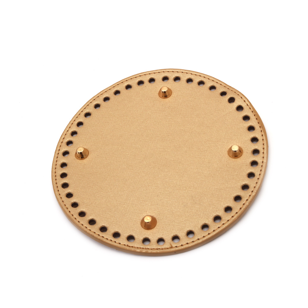 Round Bottom Base for Crochet Knitting Bag or Purse, from Eco Leather, 15x0.4 cm, Holes: 0.5 cm, with Four Metal Legs, color Pearl Gold