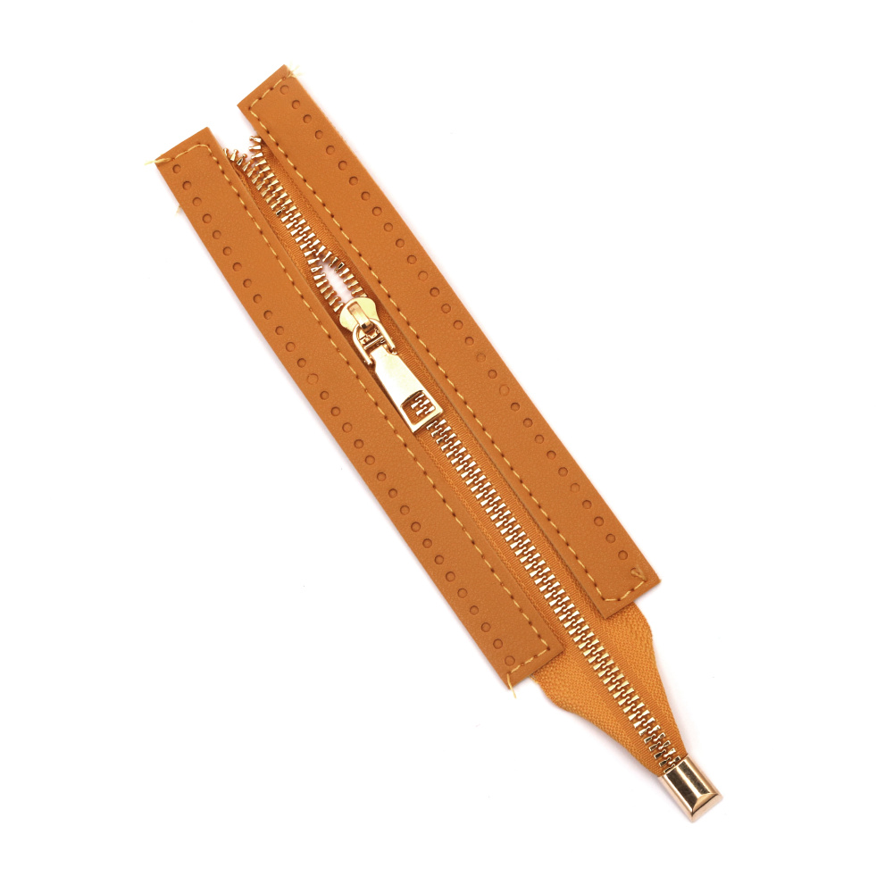 Metal Zipper with Eco Leather, 24x5 cm, color Ocher, perfect for Crochet Bag Making