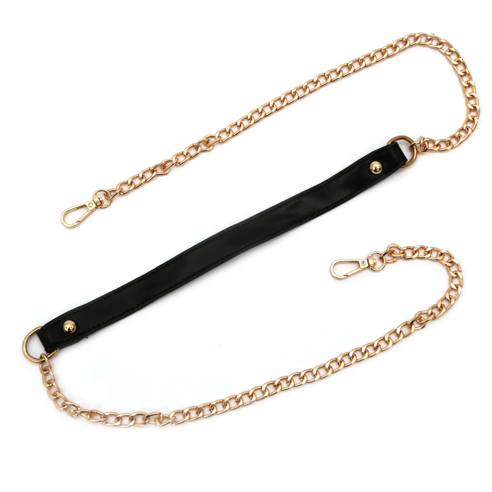 Shoulder Bag Handle with Eco Leather Color Black and Metal Chain Strap with  Carabiners Color Gold, 116x2x0.3 cm