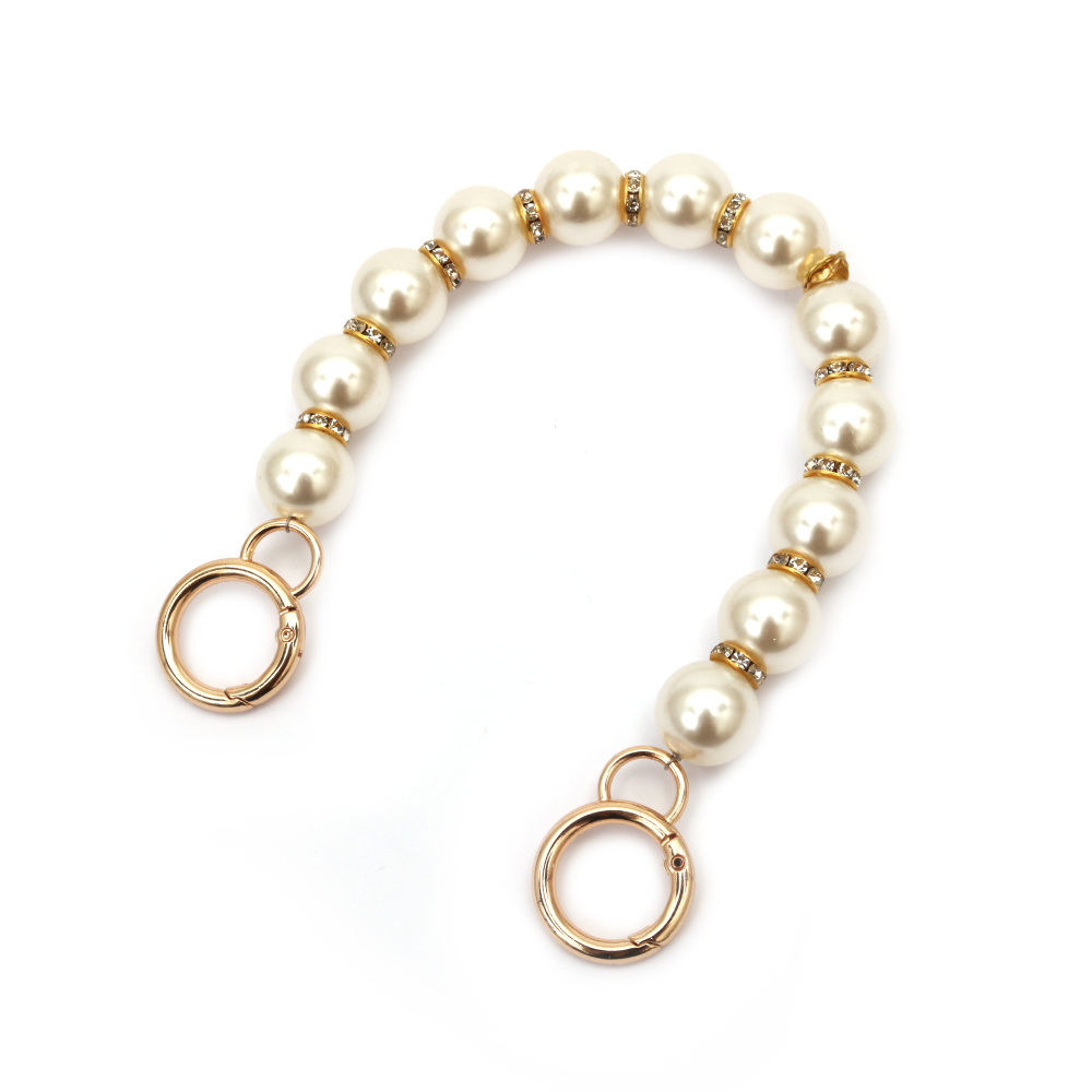 Bag Handle with Faux Pearls Cream Color and Metal Beads with Crystal, 30x1.8 cm with Metal Buckles, Gold color