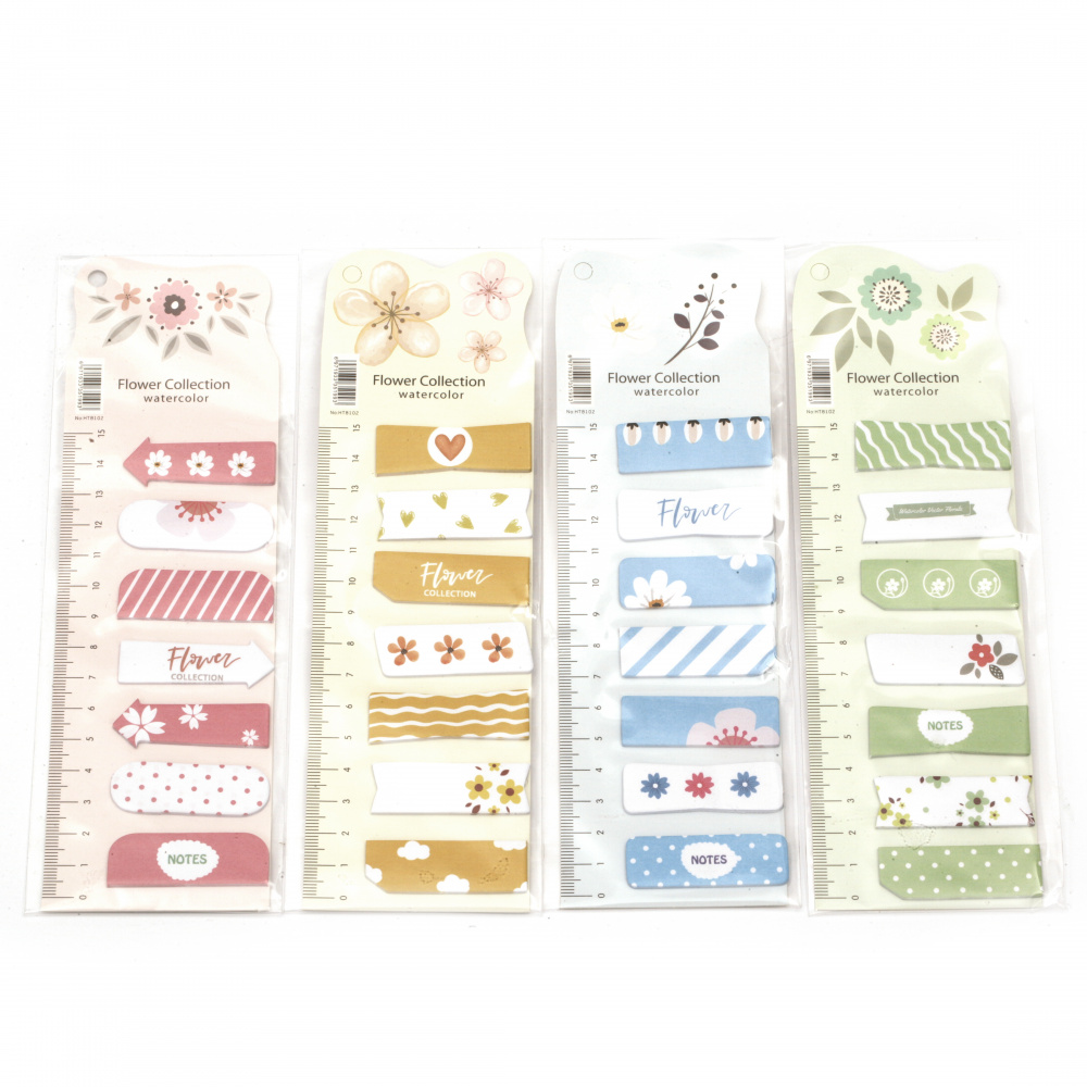 Set of Self-Adhesive Notes, 45x15 mm, 7 Pads, Assorted Flower Motifs - 119 Sheets