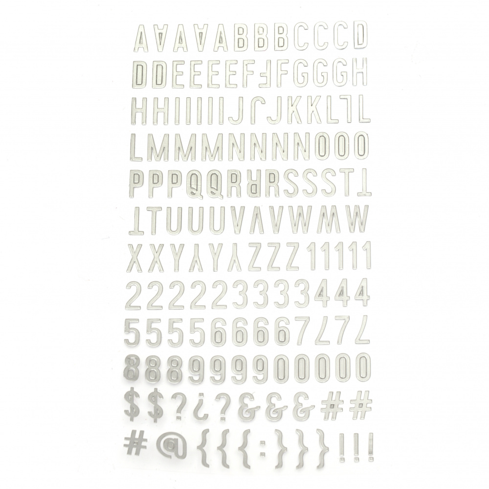 Самозалепващи стикери букви цифри и знаци 10x2±10 мм цвят сребро -145 броя