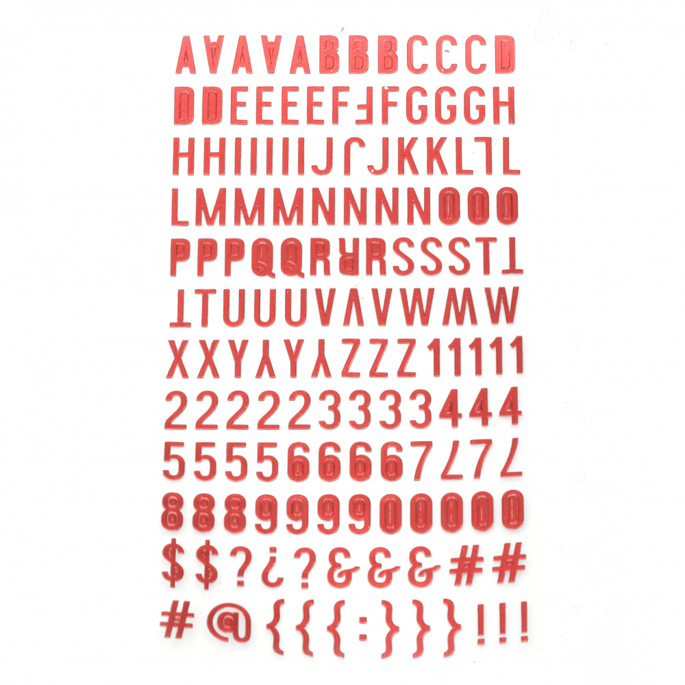 Самозалепващи стикери букви цифри и знаци 10x2±10 мм цвят червен -145 броя