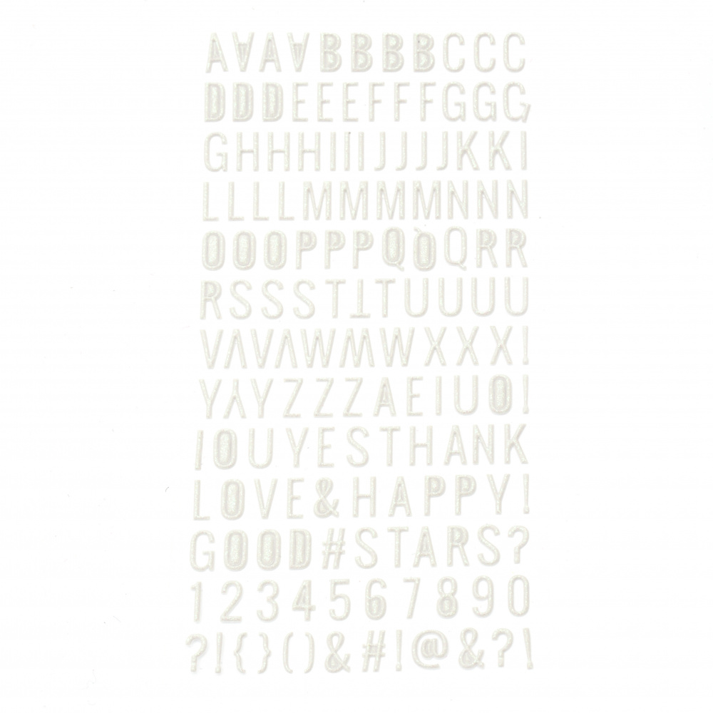 Самозалепващи стикери брокат букви цифри и знаци 10x2±10 мм цвят бял -150 броя
