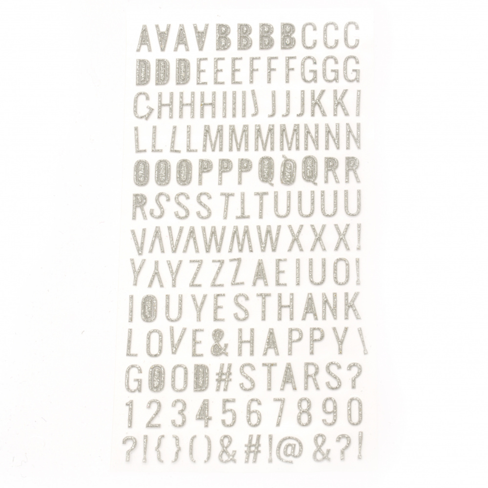 Самозалепващи стикери брокат букви цифри и знаци 10x2±10 мм цвят сребро -150 броя