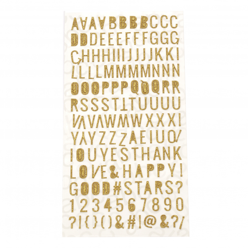 Αυτοκόλλητα αυτοκόλλητα γράμματα αριθμοί και σημεία στίξης 10x2 ~ 10 mm χρυσό -150 τεμάχια