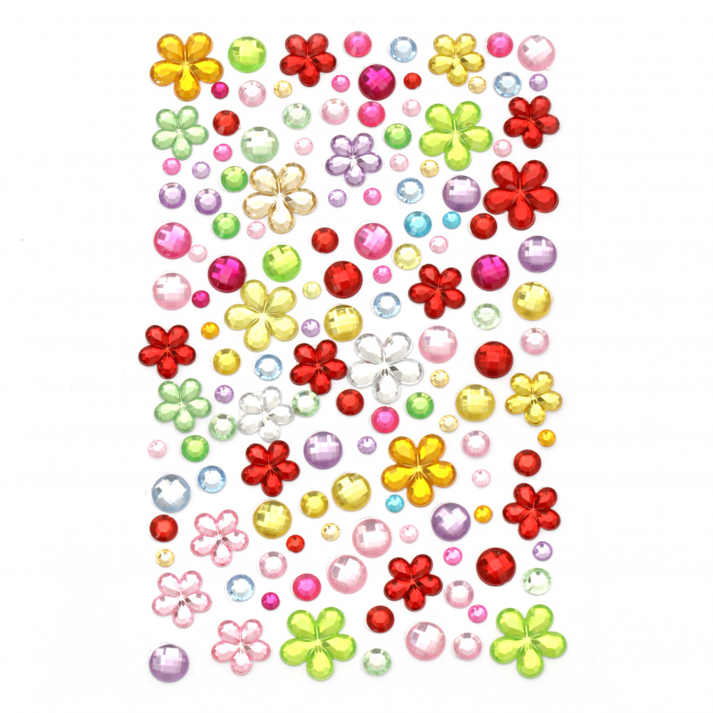 Pietre  acrilice autoadezive de diferite dimensiuni amestecă flori și cercuri colorate