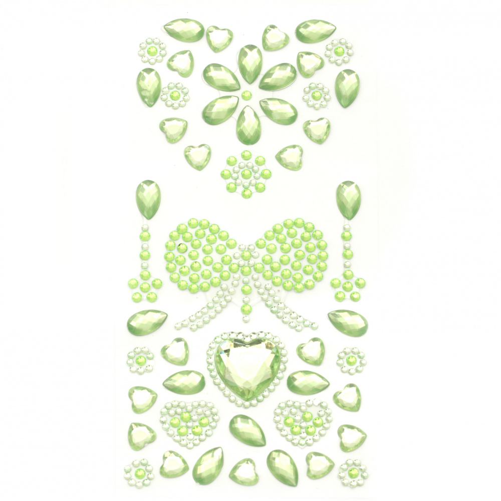 Self-adhesive stones acrylic heart and ribbon color green