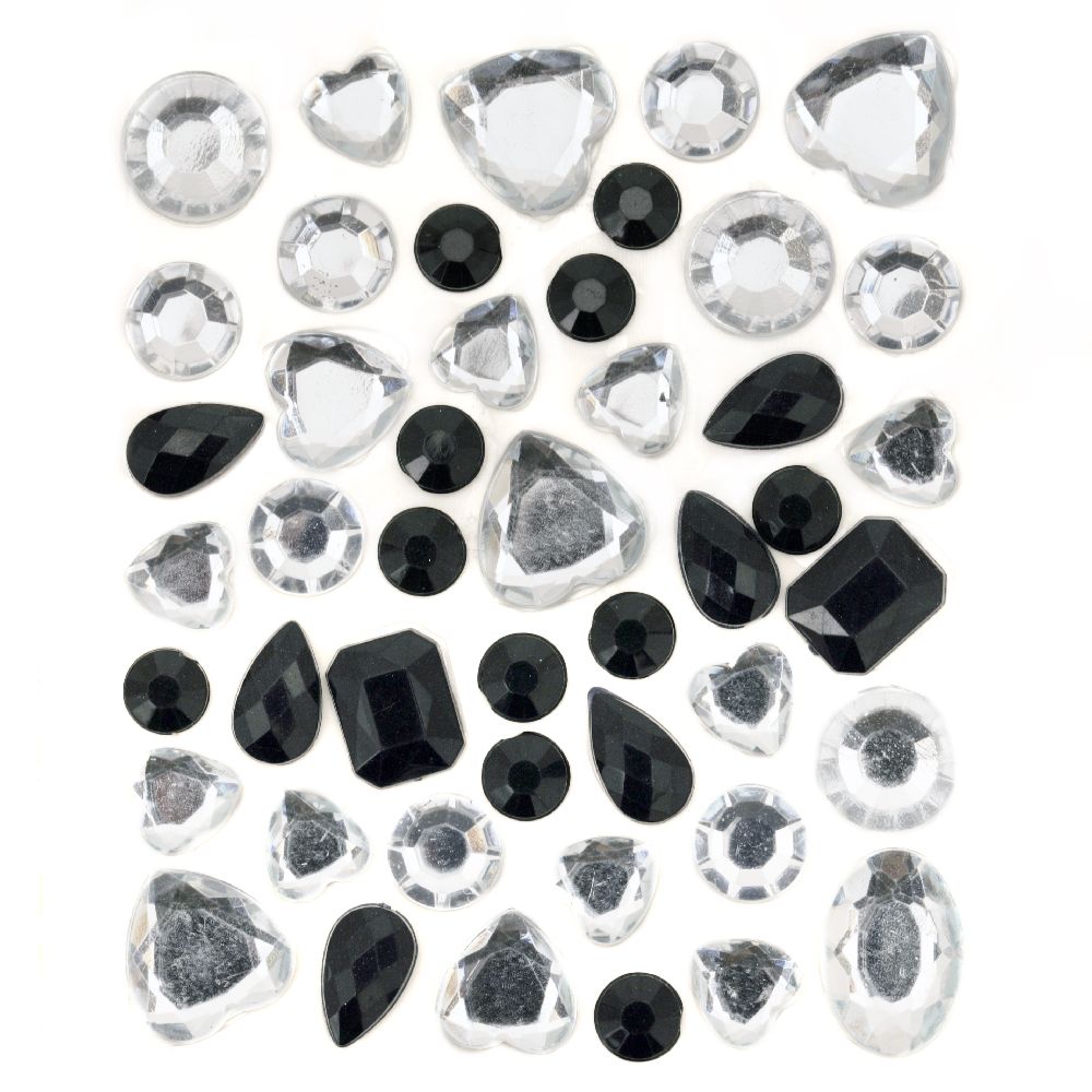 Самозалепващи камъни акрил разни форми цвят бяло и черно