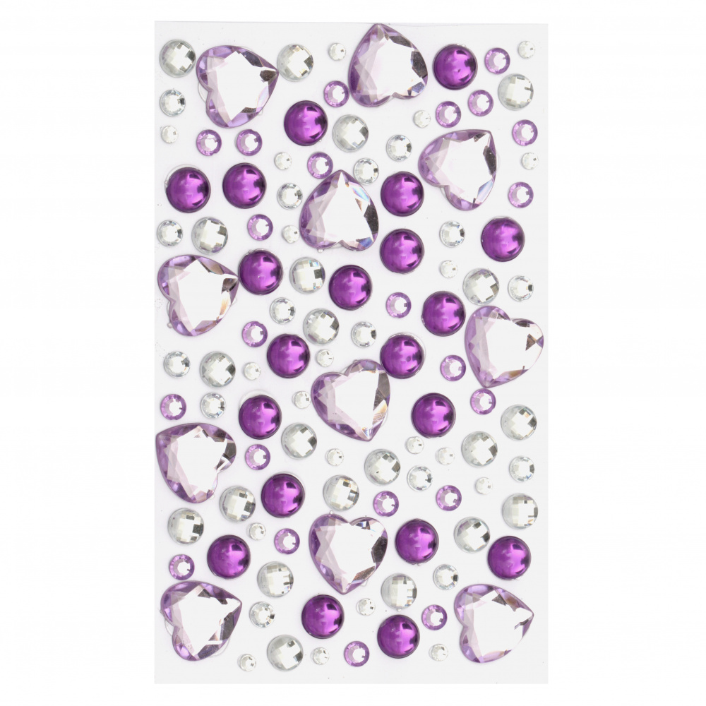 Pietre acrilice autoadezive de diferite dimensiuni mix  culoare violet și alb