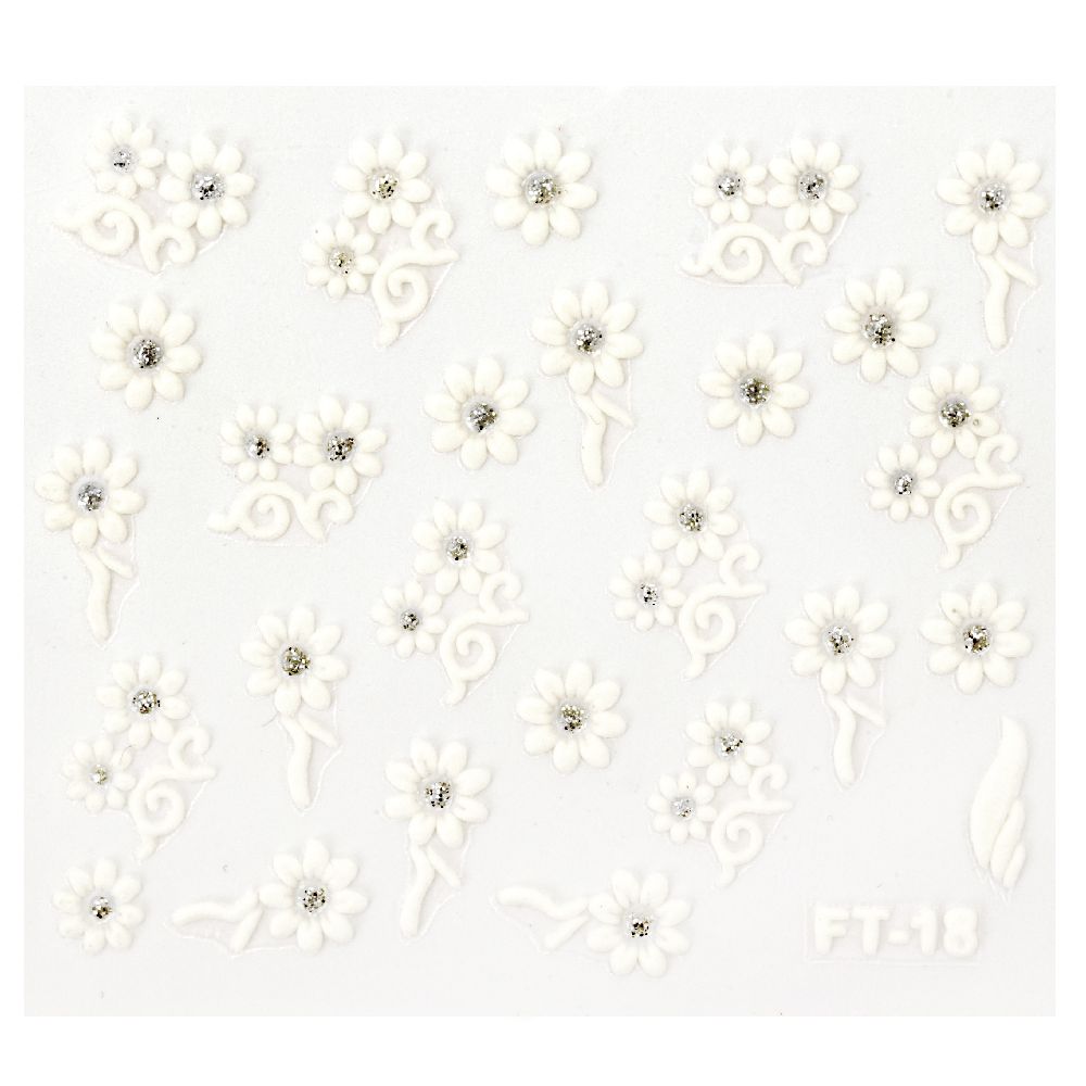 Nail stickers 3D flowers with brocade ASORTE white