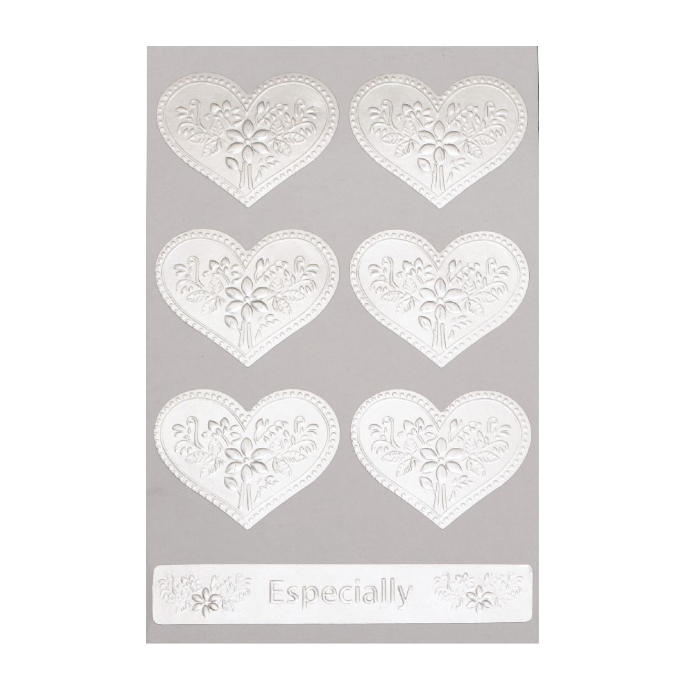 Adhesive  stickers heart with flowers and word 42x34 mm color silver -7 pieces