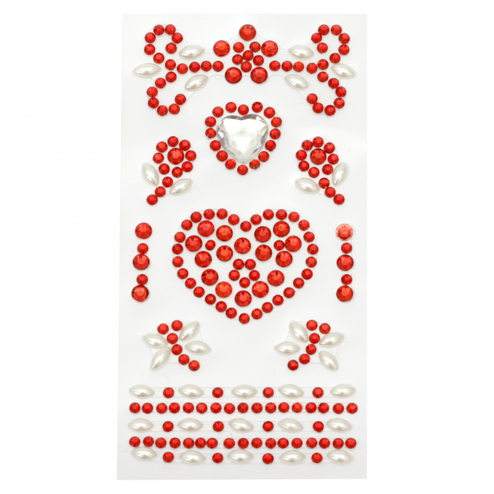 Pietre autoadezive acrilice și perlate Inimile de culoare alb și roșu