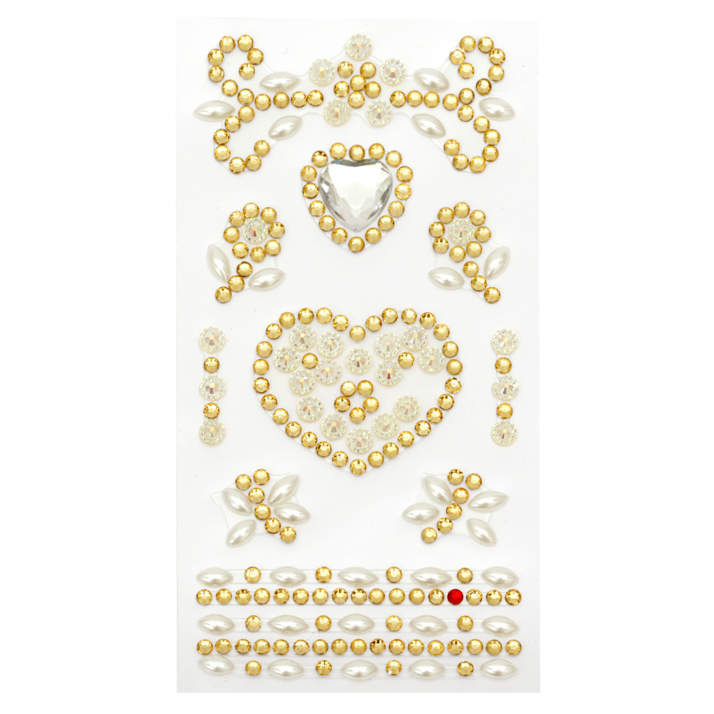 Pietre autoadezive acrilice și perlate Inimile de culoare alb și aur