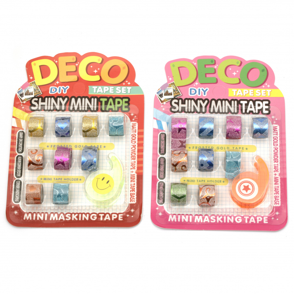 Set of mini tape cutter and tape for decoration 12 mm color with glitter 9 pieces