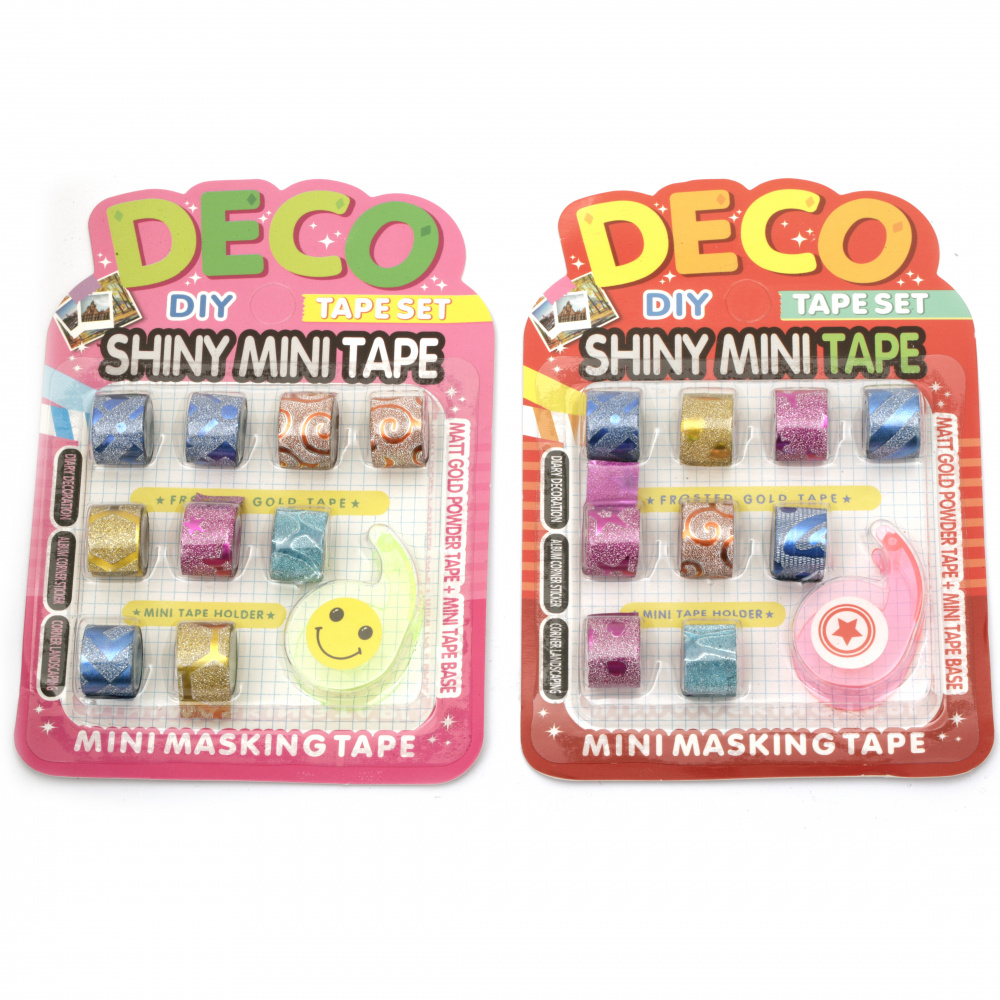 Set of mini tape cutter and tape for decoration 12 mm color with glitter 9 pieces