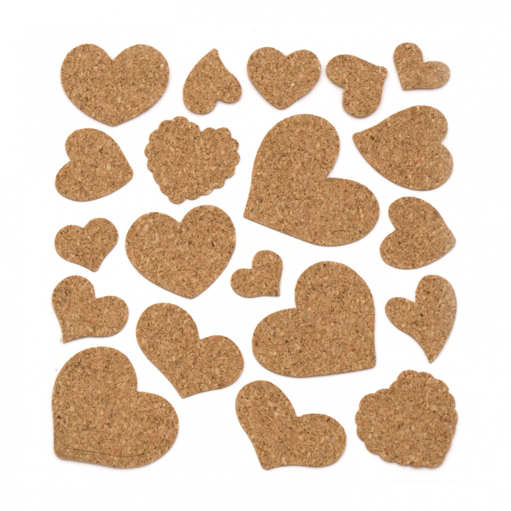 Adhesive cork stickers 18 ~ 47x15 ~ 42 mm Hearts - 20 pieces