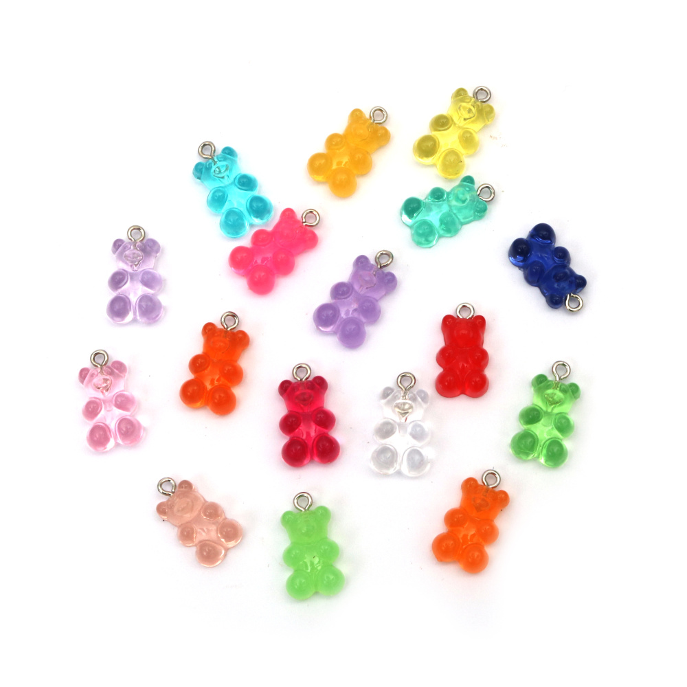 Resin Bear Pendant 12x22x7 mm, 1.5 mm Hole, MIX Colors - 5 Pieces